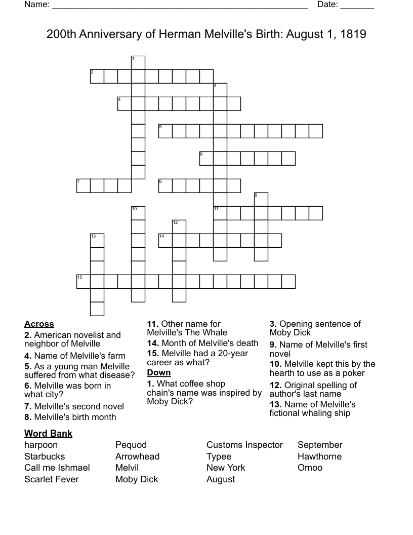 200th Anniversary Of Herman Melville s Birth August 1 1819 Crossword WordMint