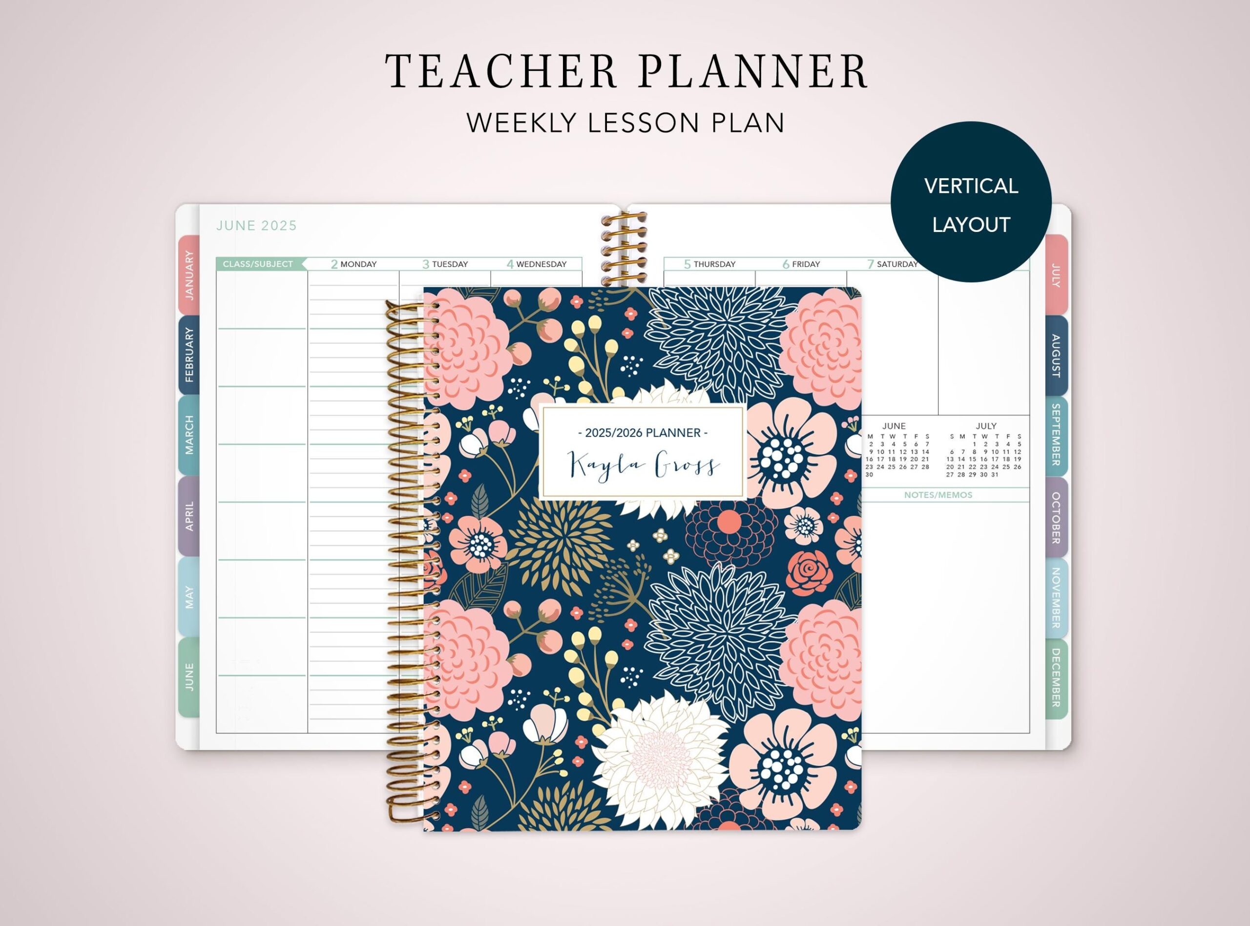 2025 2026 TEACHER PLANNER VERTICAL 7x9 2025 2026 Teacher Lesson Plan Weekly Calendar Navy Pink Gold Floral Etsy