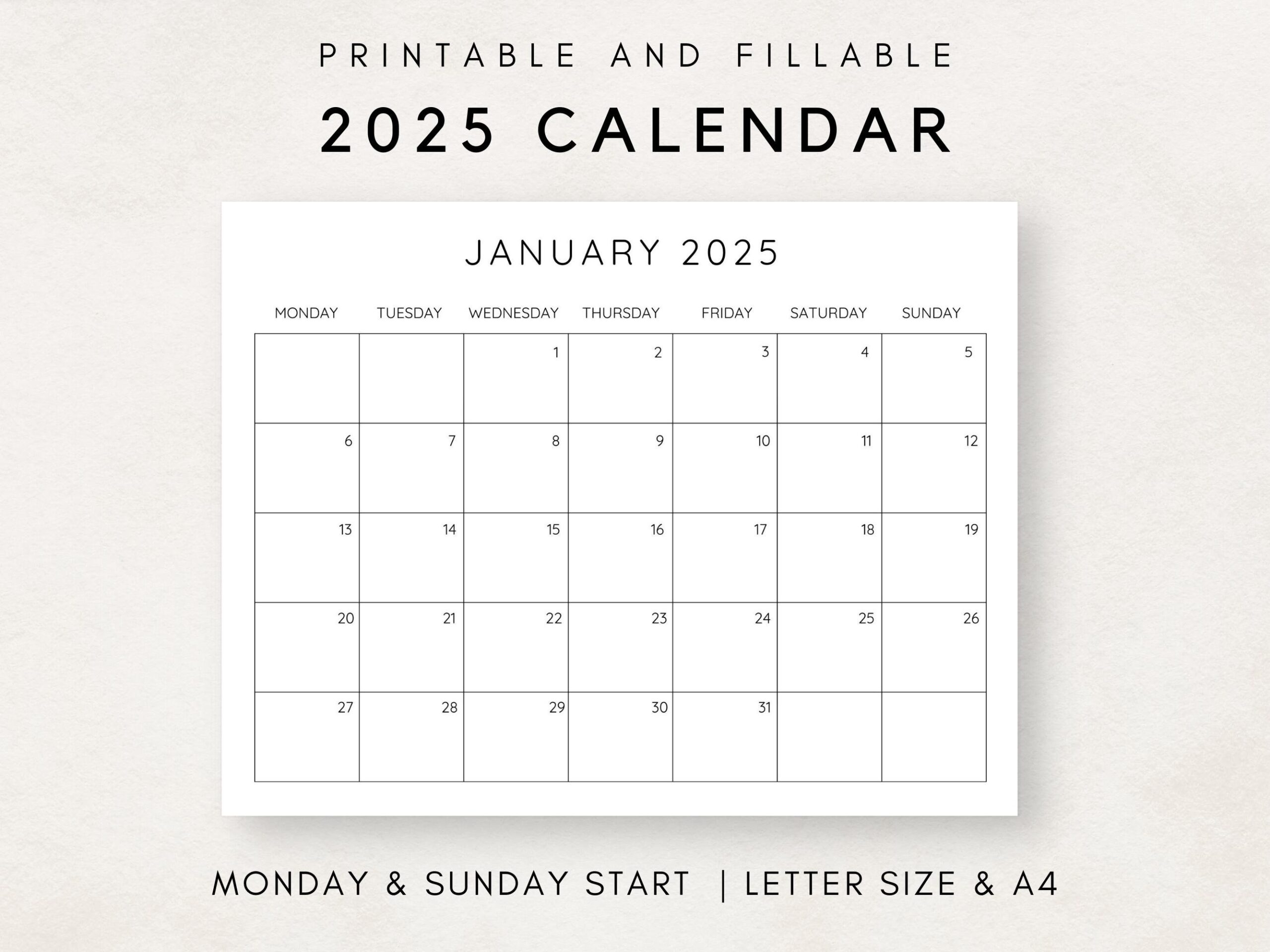 2025 Calendar Printable Monthly Calendar 2025 Fillable Calendar 2025 Planner Printable Minimalist Calendar Simple Clean Calendar Etsy