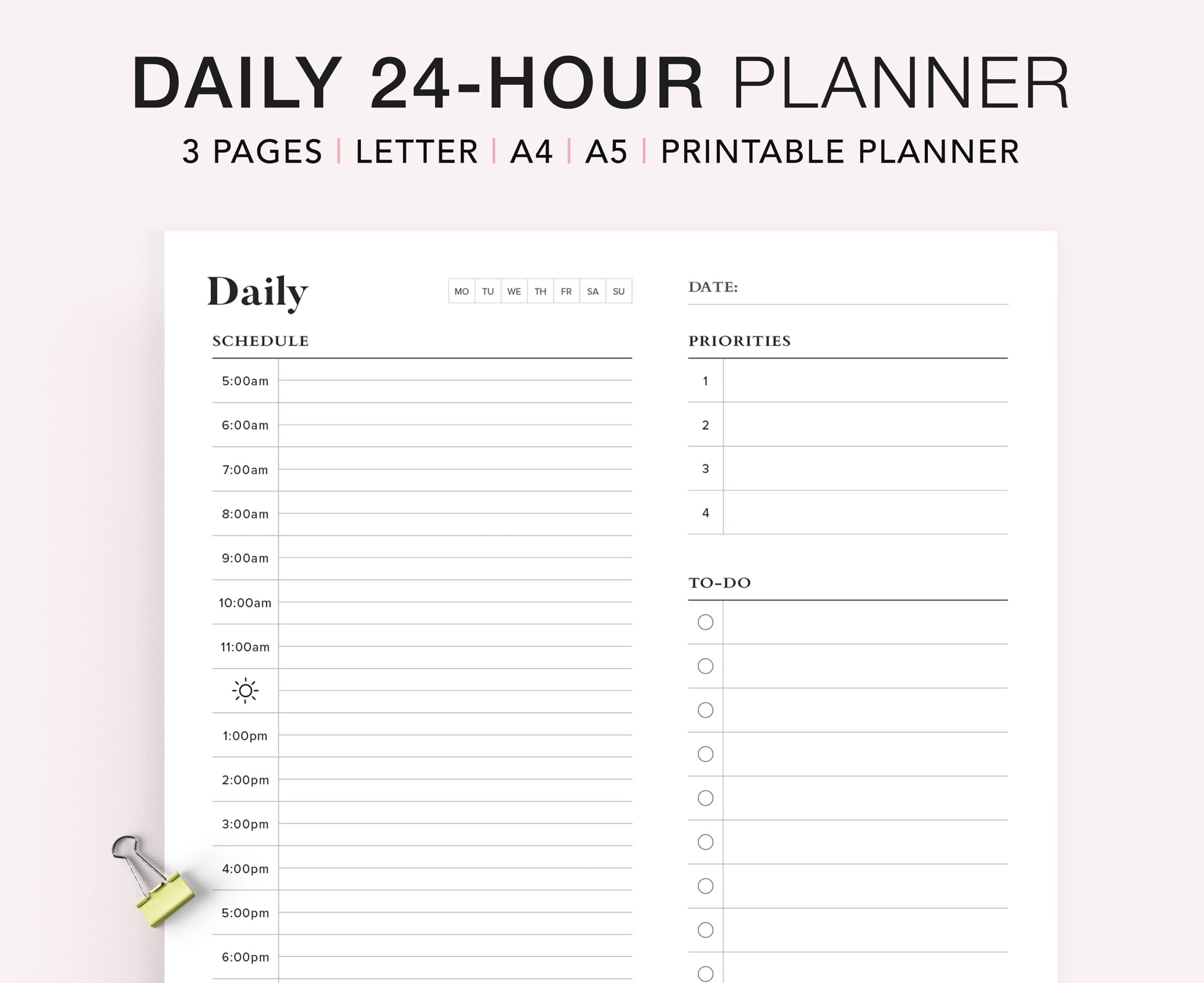 24 Hour Daily Planner Printable Hourly Schedule A5 Inserts PDF Etsy