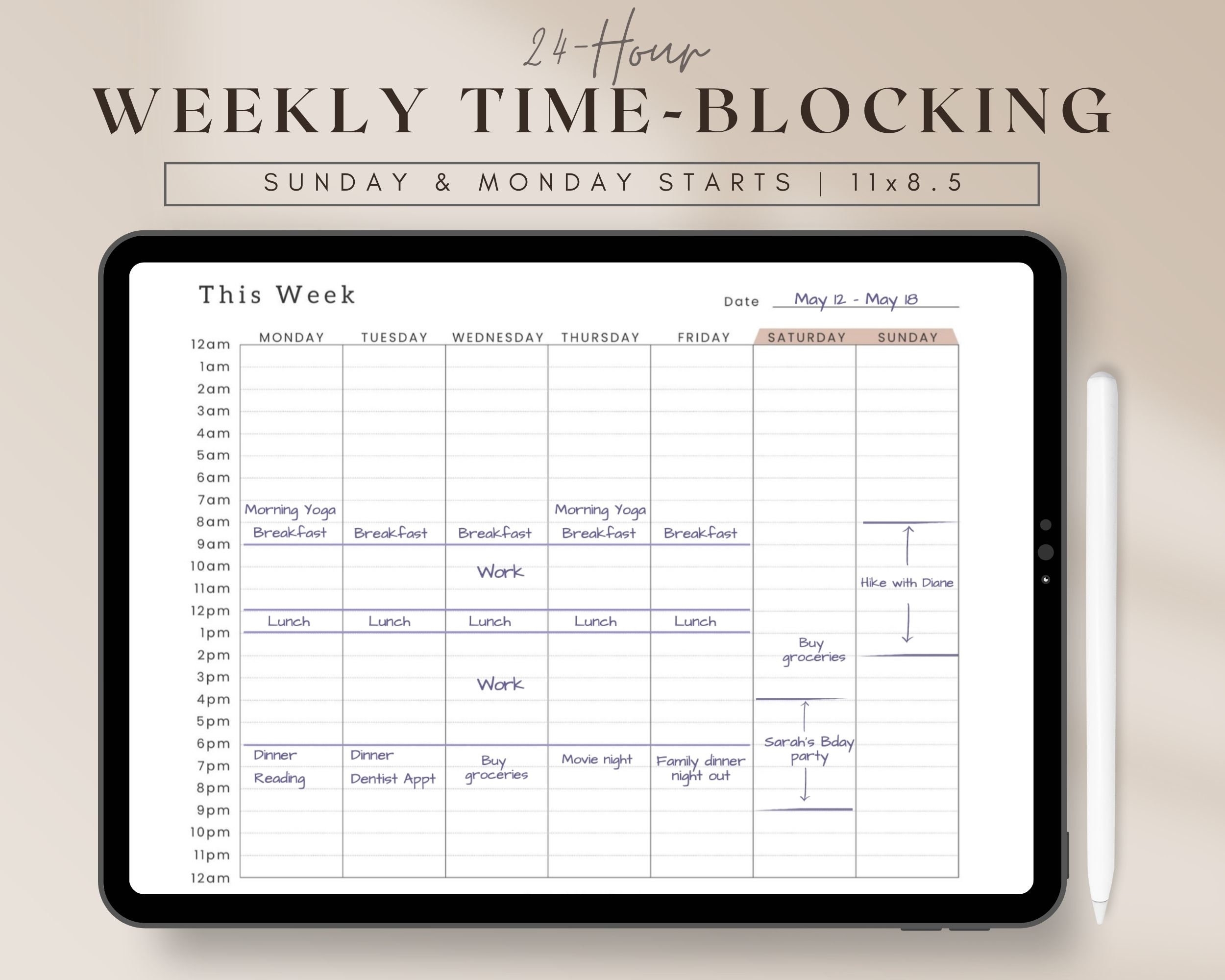 24 Hour Weekly Schedule Time Blocking Digital Planner Week At A Glance Time Block Weekly Planner Printable Pdf Time Box Daily To do List Etsy