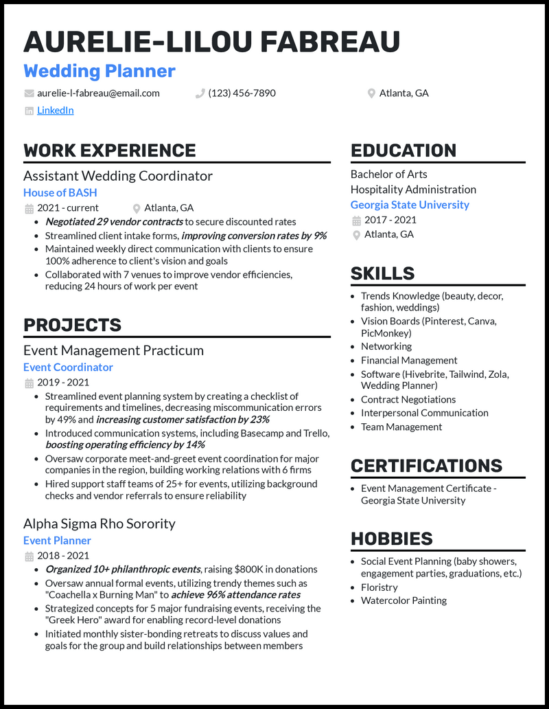 5 Wedding Planner Resume Examples For 2026