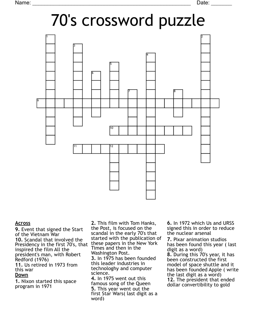 70 s Crossword Puzzle WordMint