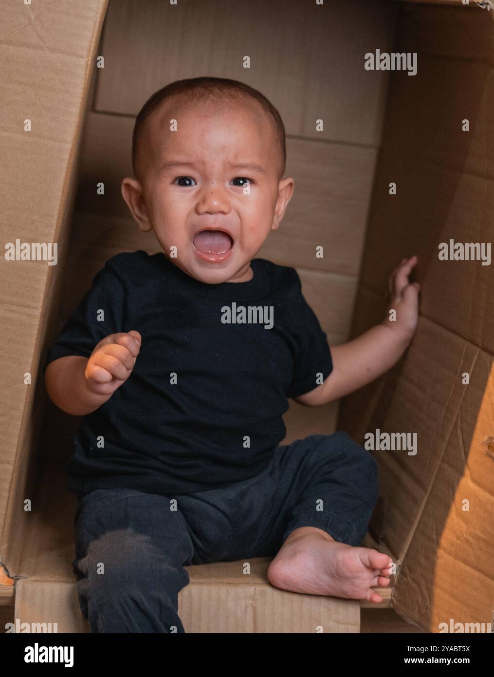 A Crying Baby In A Cardboard Box Shows A Playful Expression Capturing Childhood Stock Photo Alamy