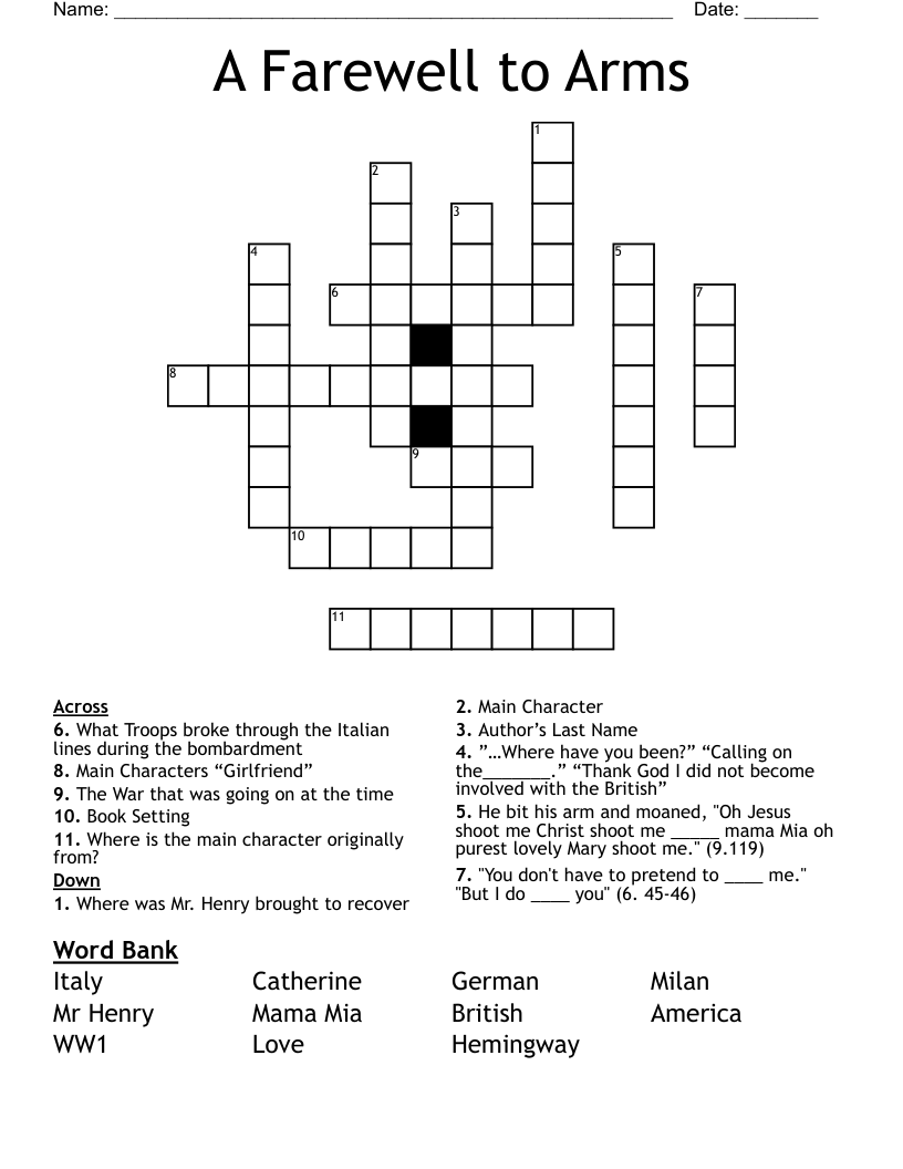 A Farewell To Arms Crossword WordMint