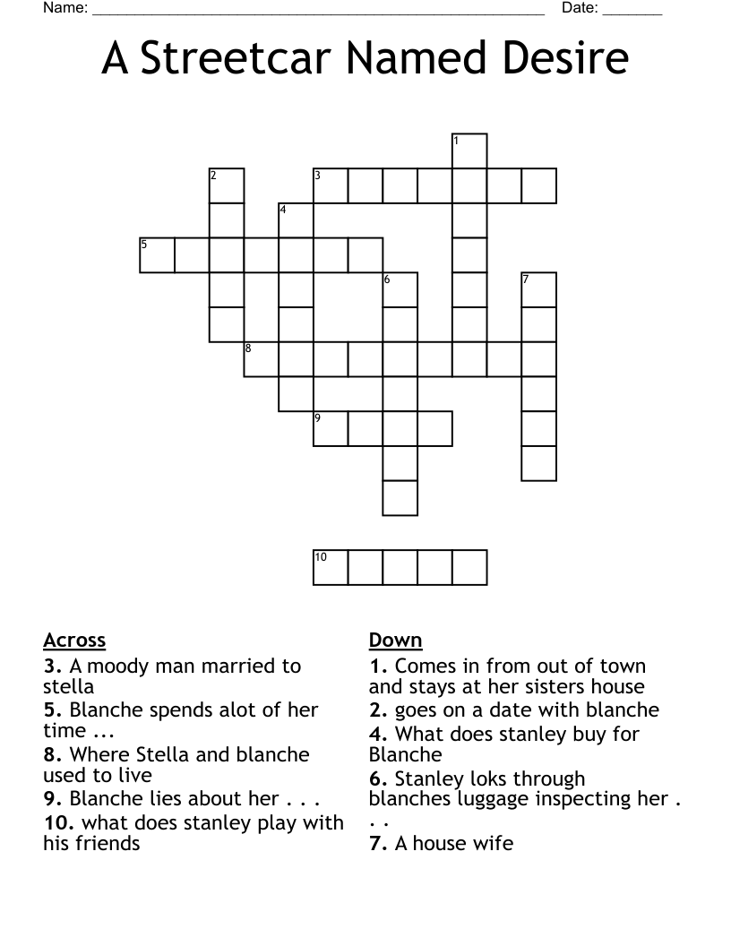 A Streetcar Named Desire Crossword WordMint