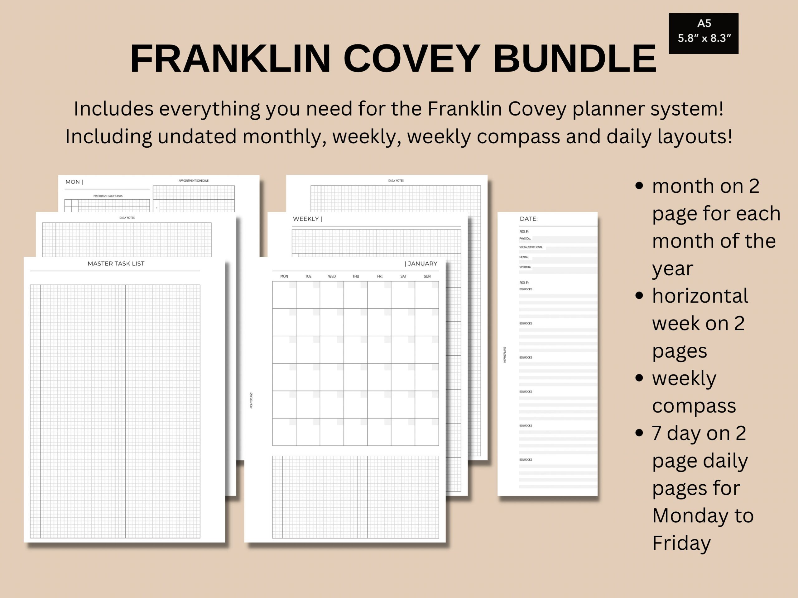 A5 Franklin Covey Printable Planner Inserts Bundle digital Download Etsy