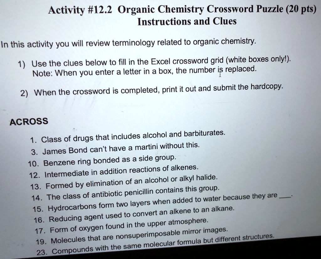 Activity 12 2 Organic Chemistry Crossword Puzzle 20 Pts Instructions And Clues In This Activity You Will Review Terminology Related To Organic Chemistry Assignment Studio