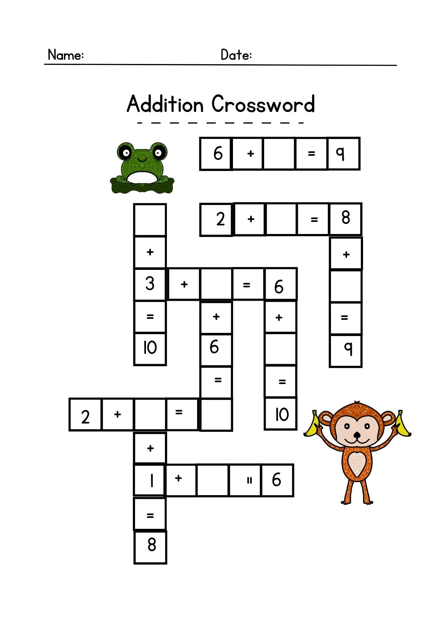Addition Crossword Printable Math Worksheet printable Etsy