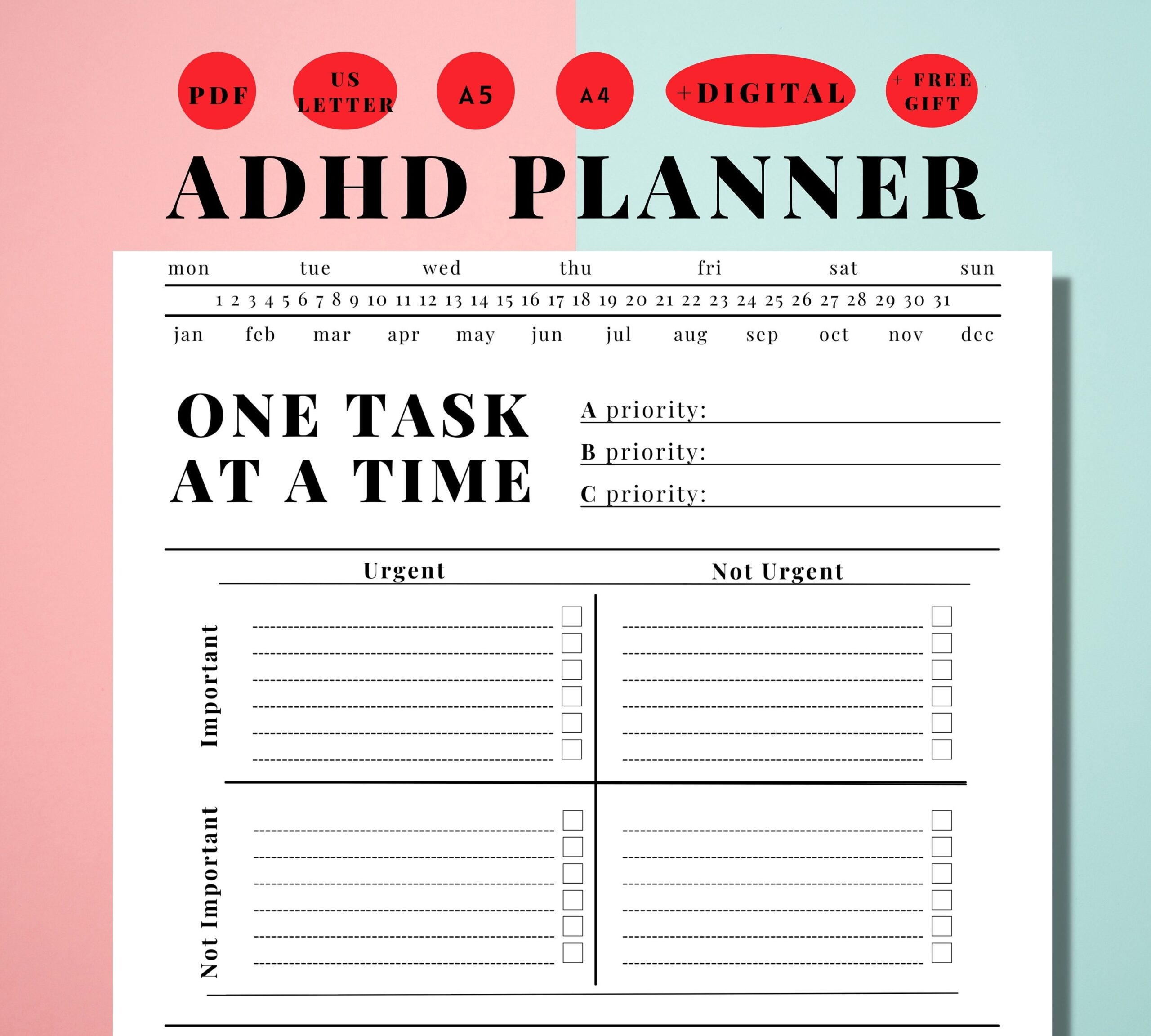 ADHD Daily Planner Priority Square Printable Adult ADHD Productivity Planner Smart Planning One Task At A Time Etsy