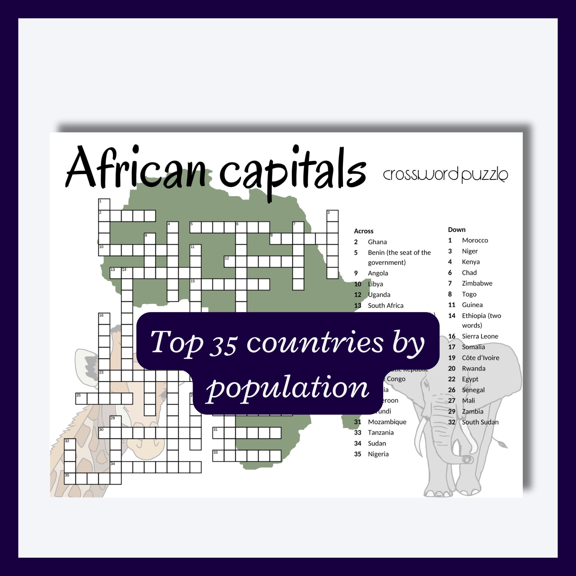 African Capitals Crossword Puzzle Geography Game digital Download Etsy
