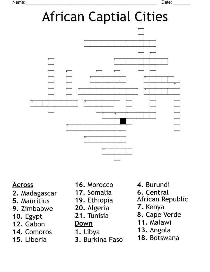 African Captial Cities Crossword WordMint