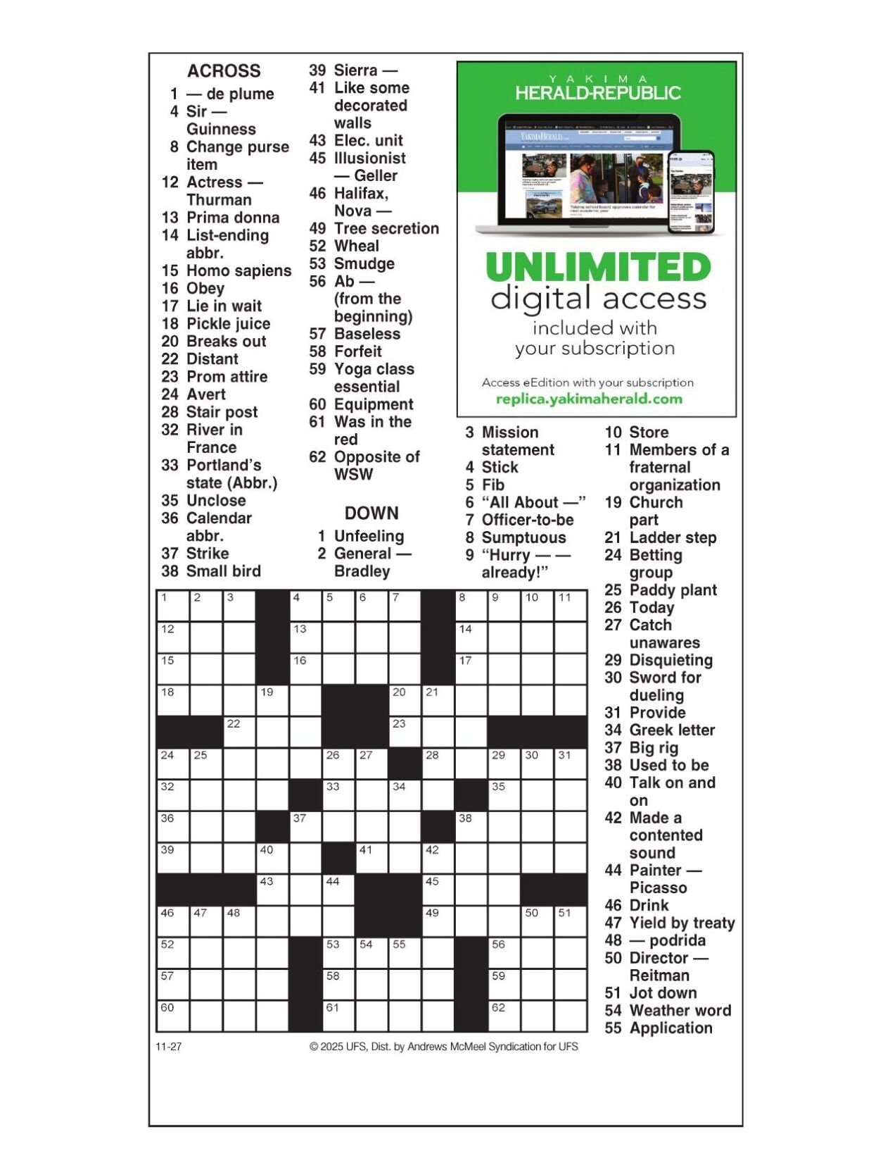 AM Crossword Nov 27 2025 Crosswords Yakimaherald