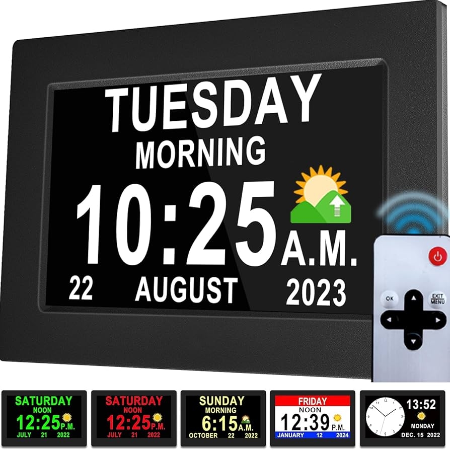 Amazon New Version 7 Inch Day Clock 19 Alarms 20 Custom Reminder Remote Control Level 10 Auto Dimmable Display Calendar Clock Non Abbreviated Day Date Alarm Clock For Impaired Vision Dementia Seniors 