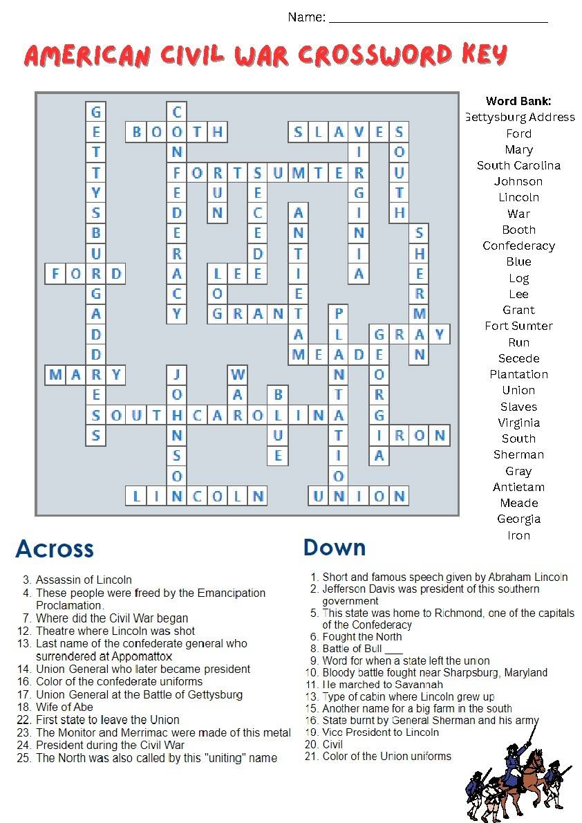 American Civil War Crossword Puzzle With Answer Key By Stokes Scholars