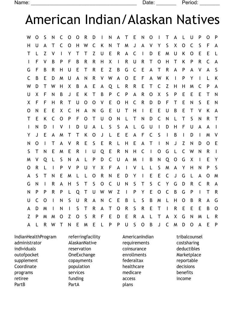 American Indian Alaskan Natives Word Search WordMint