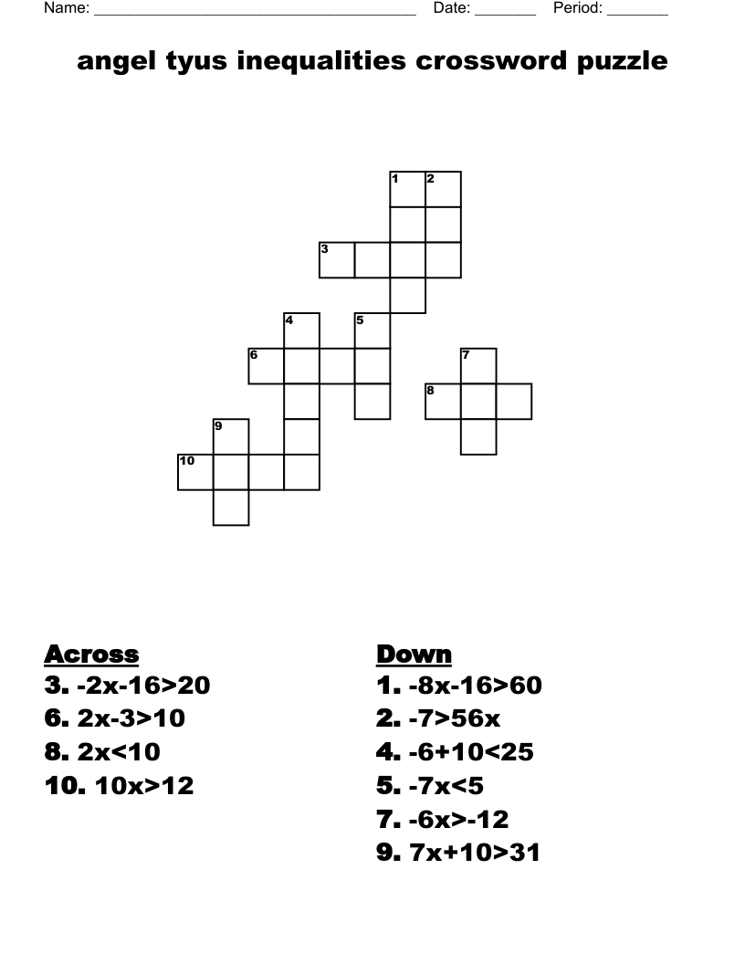 Angel Tyus Inequalities Crossword Puzzle WordMint