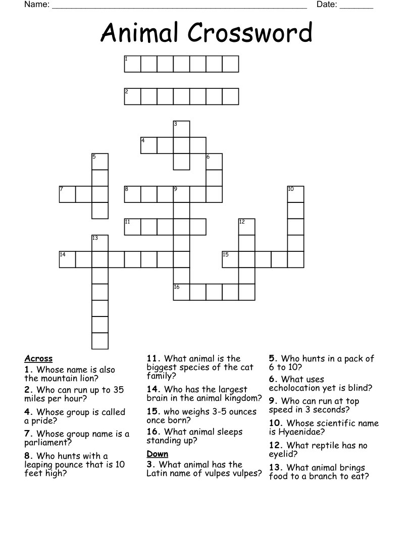 Animal Crossword WordMint Animal Crossword WordMint