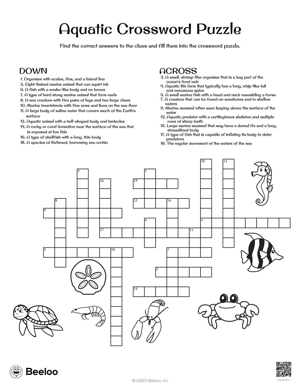 Aquatic Crossword Puzzle Beeloo Printable Crafts And Activities For Kids