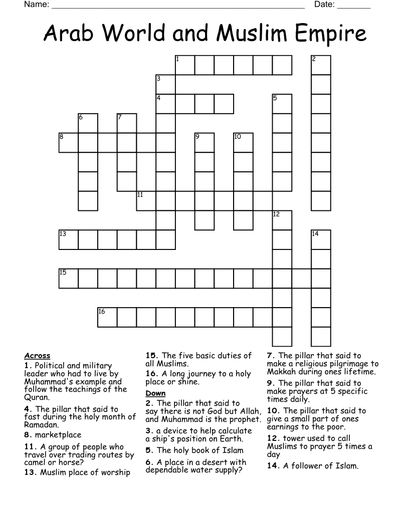 Arab World And Muslim Empire Crossword WordMint