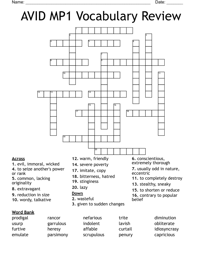 AVID MP1 Vocabulary Review Crossword WordMint