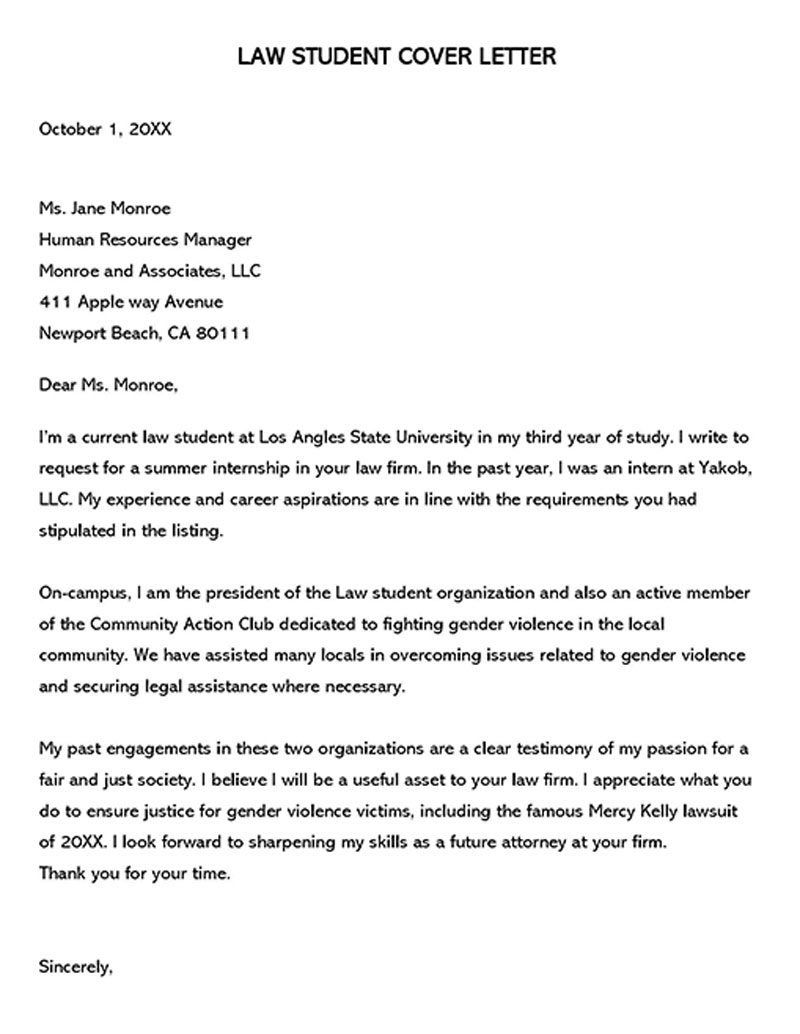Best Law Student Cover Letter Samples Email Examples 