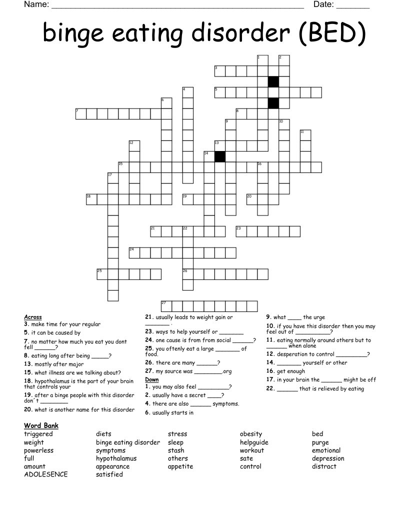 Binge Eating Disorder BED Crossword WordMint Binge Eating Disorder BED Crossword WordMint