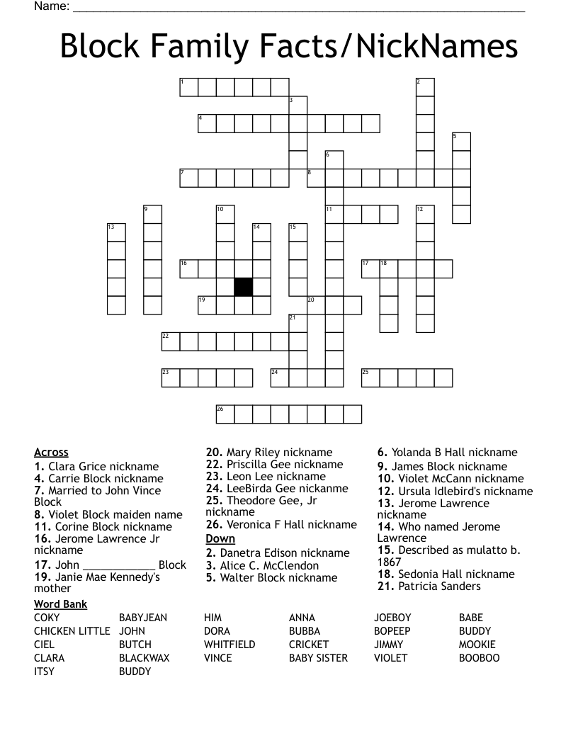 Block Family Facts NickNames Crossword WordMint