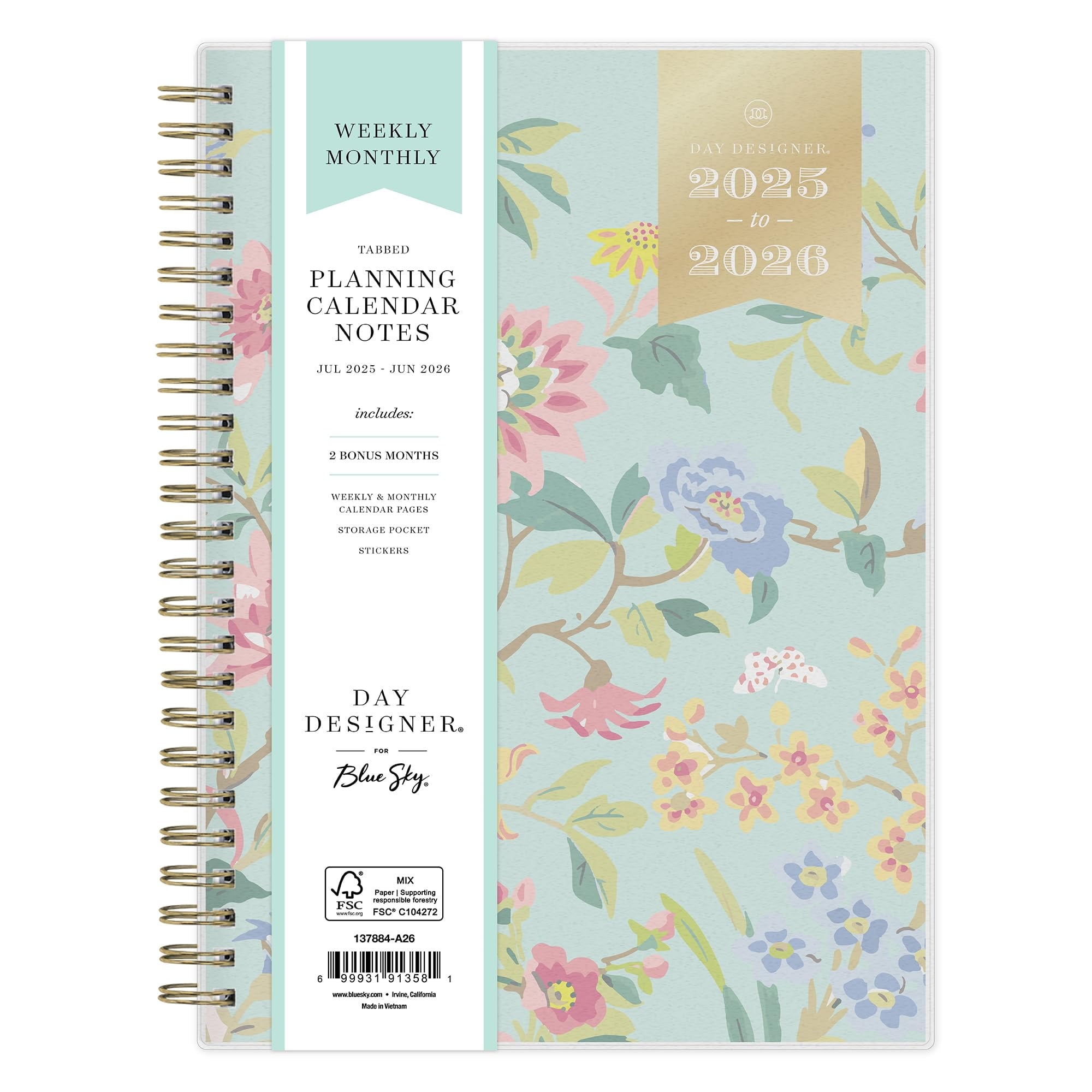 Blue Sky Day Designer 2025 2026 Weekly And Monthly Academic Year Planner Calendar July 2025 June 2026 5 8 X 8 6 Flexible Cover Storage Pocket Includes Stickers Climbing Floral Mint Walmart