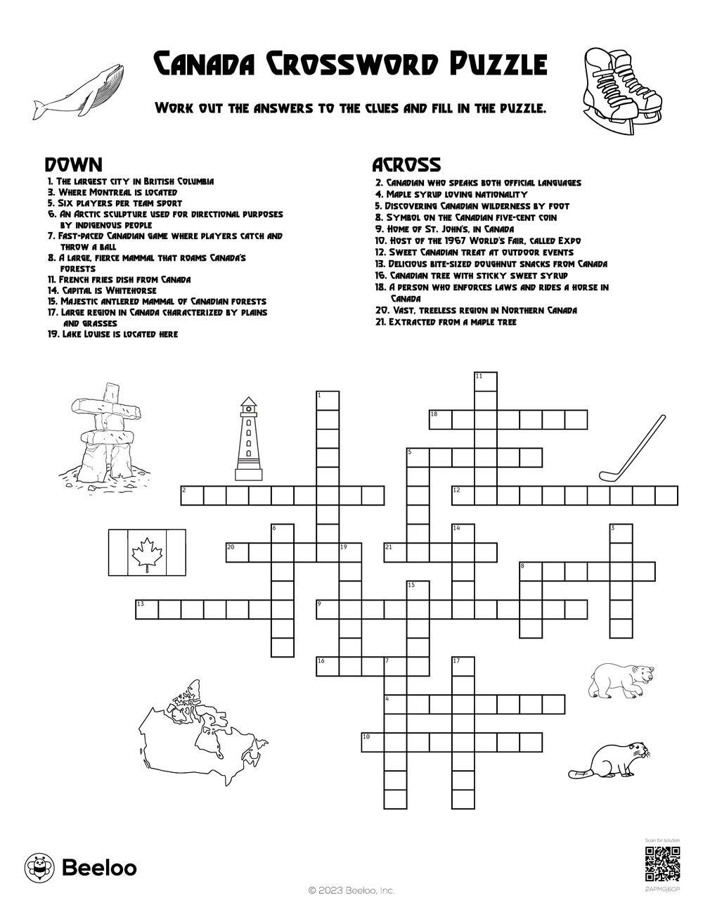 Canada Crossword Puzzle Beeloo Printable Crafts And Activities For Kids