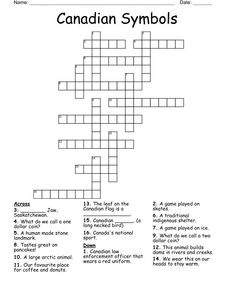 Canadian Symbols Crossword WordMint