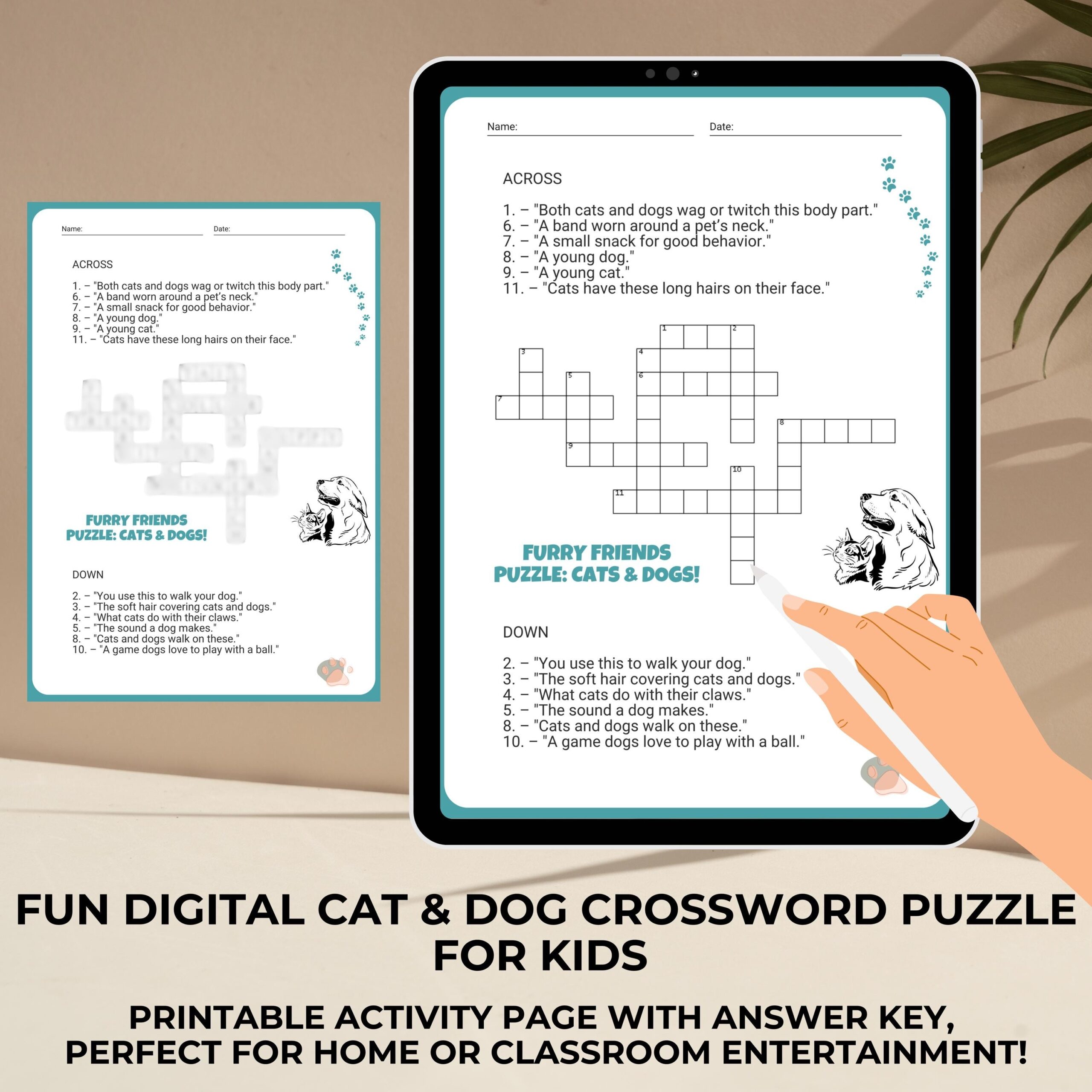 Cat Dog Crossword Puzzle Fun Kids Activity printable PDF Etsy