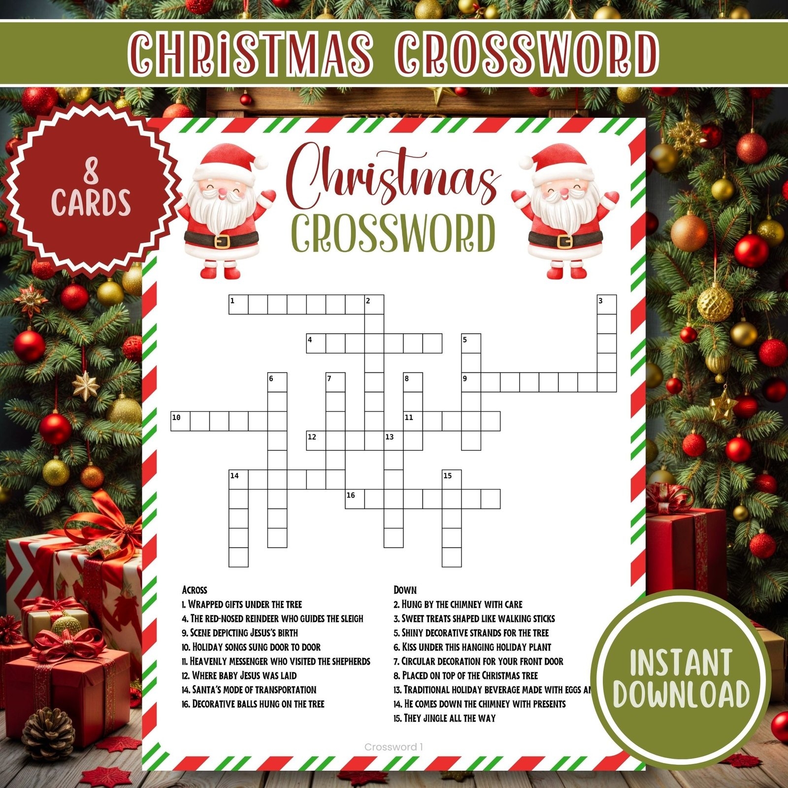 Christmas Crossword Puzzle 8 Printable Cards Fun Holiday Digital Download Frolicnook
