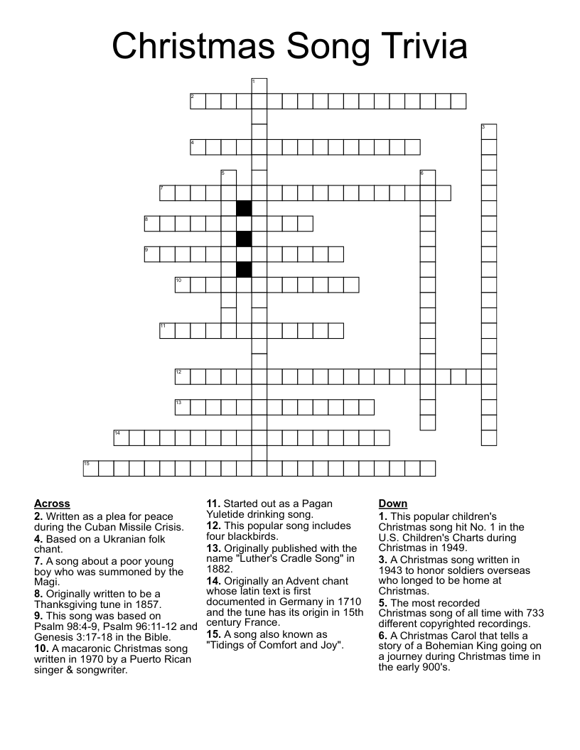 Christmas Song Trivia Crossword WordMint Christmas Song Trivia Crossword WordMint