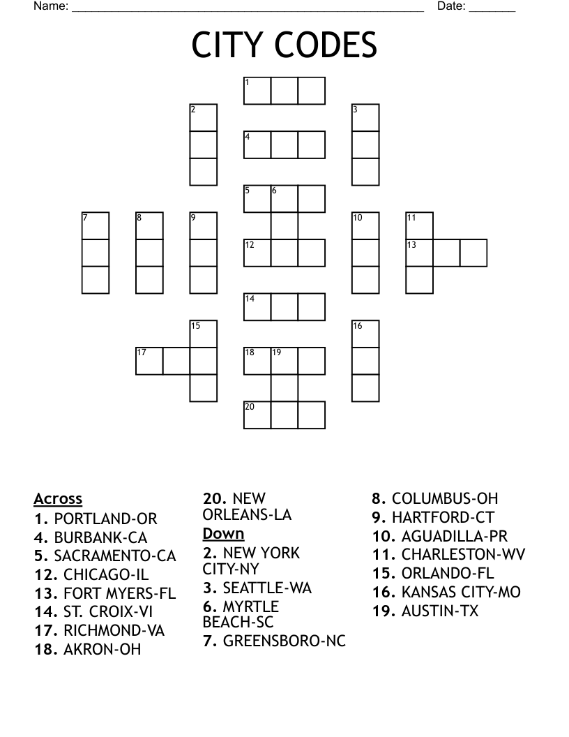 CITY CODES Crossword WordMint