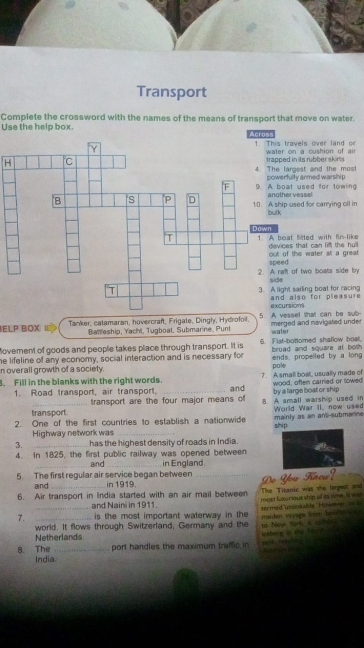 Complete The Crossword With The Names Of The Means Of Transport That Move Complete The Crossword With The Names Of The Means Of Transport That Move