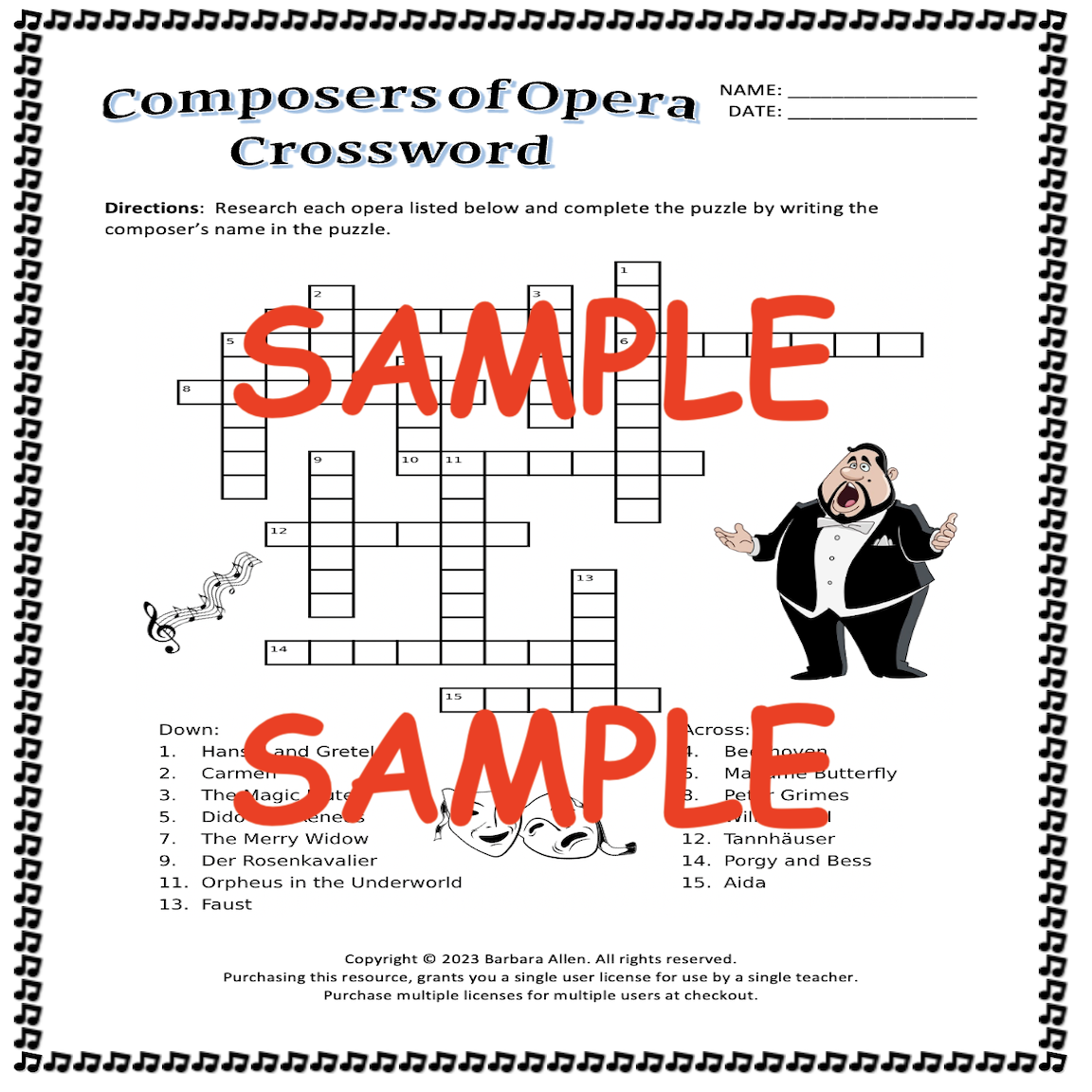 Composers Of Opera Fun Crossword Puzzle Worksheet Answer Key Included Made By Teachers