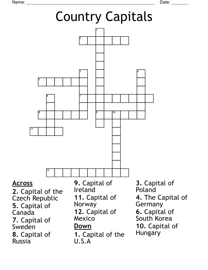 Country Capitals Crossword WordMint
