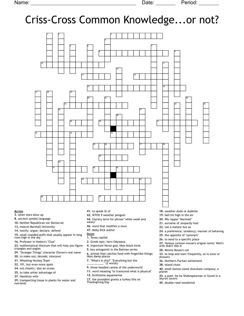 Criss Cross Common Knowledge or Not Crossword WordMint