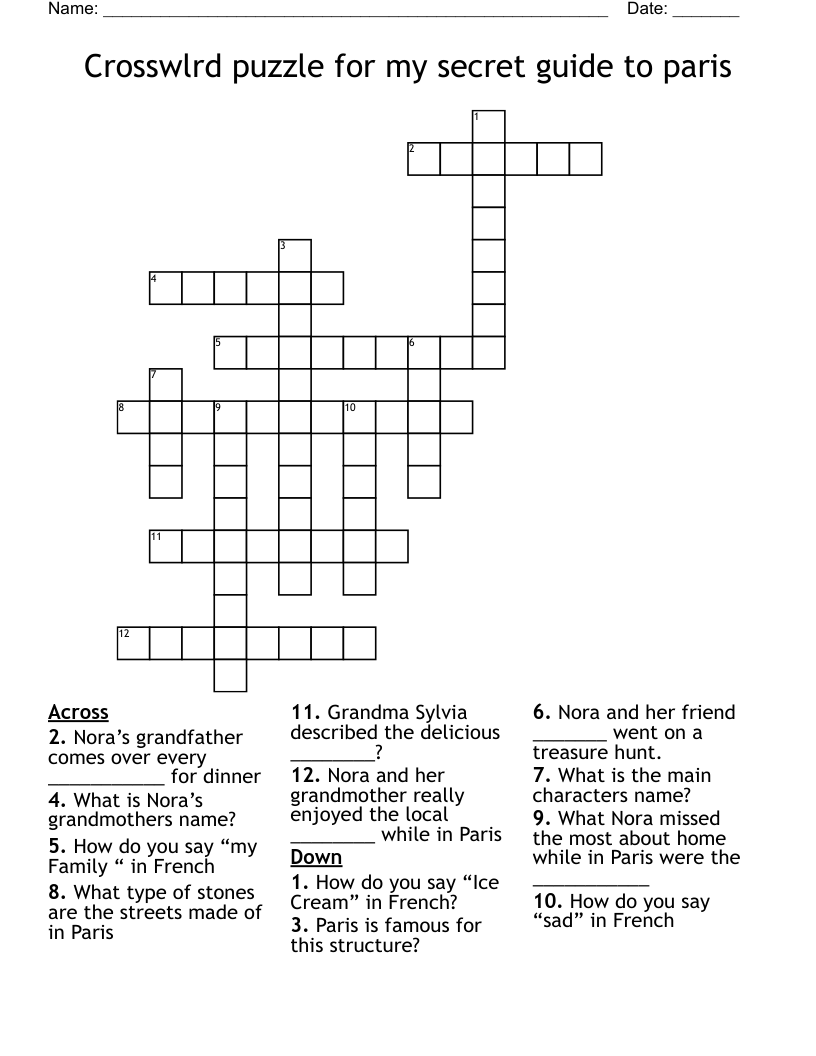 Crosswlrd Puzzle For My Secret Guide To Paris Crossword WordMint