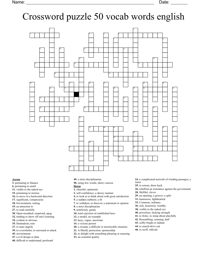Crossword Puzzle 50 Vocab Words English WordMint