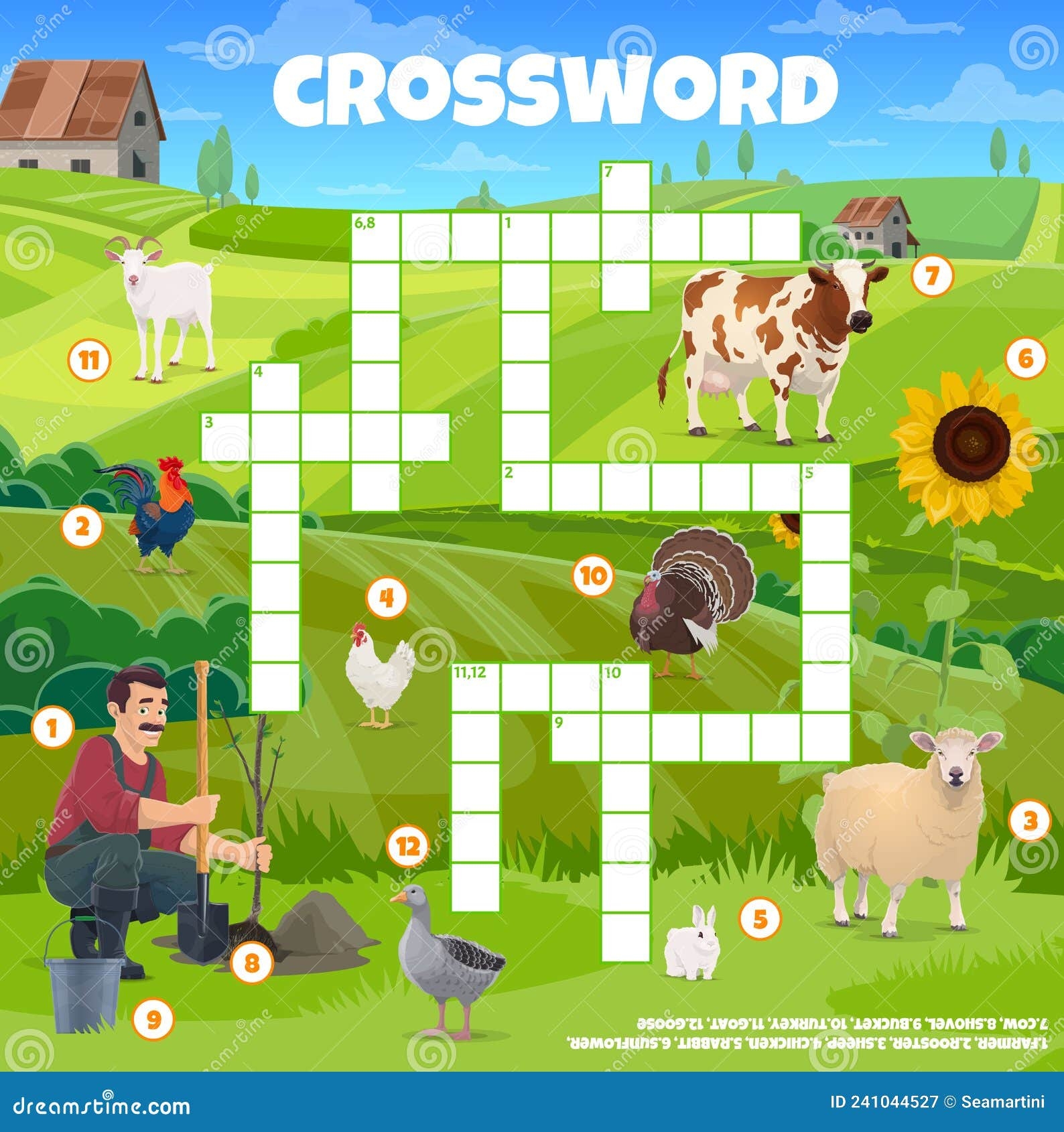 Crossword Puzzle Game Worksheet With Farm Animals Stock Vector Illustration Of Worksheet Cartoon 241044527