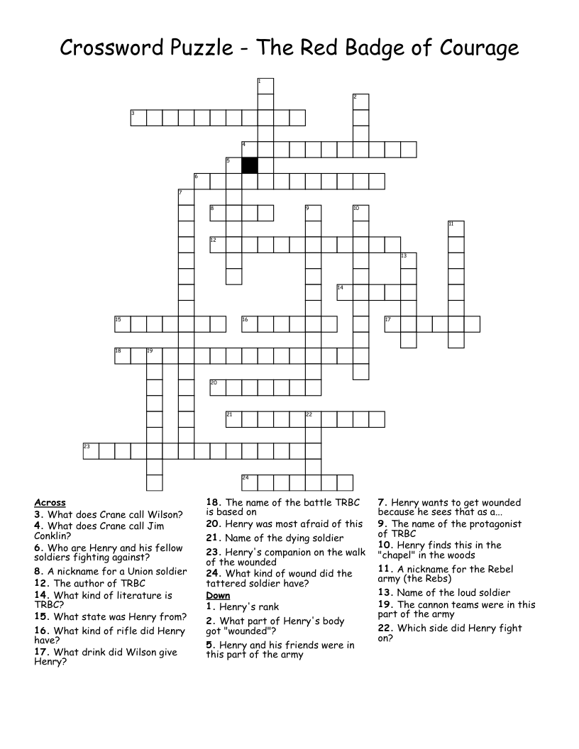 Crossword Puzzle The Red Badge Of Courage WordMint