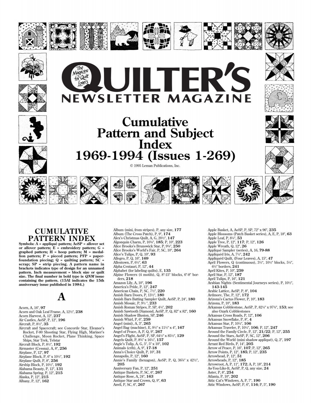 Cumulative Pattern And Subject Index 1969 1994 Quilters Newsletter