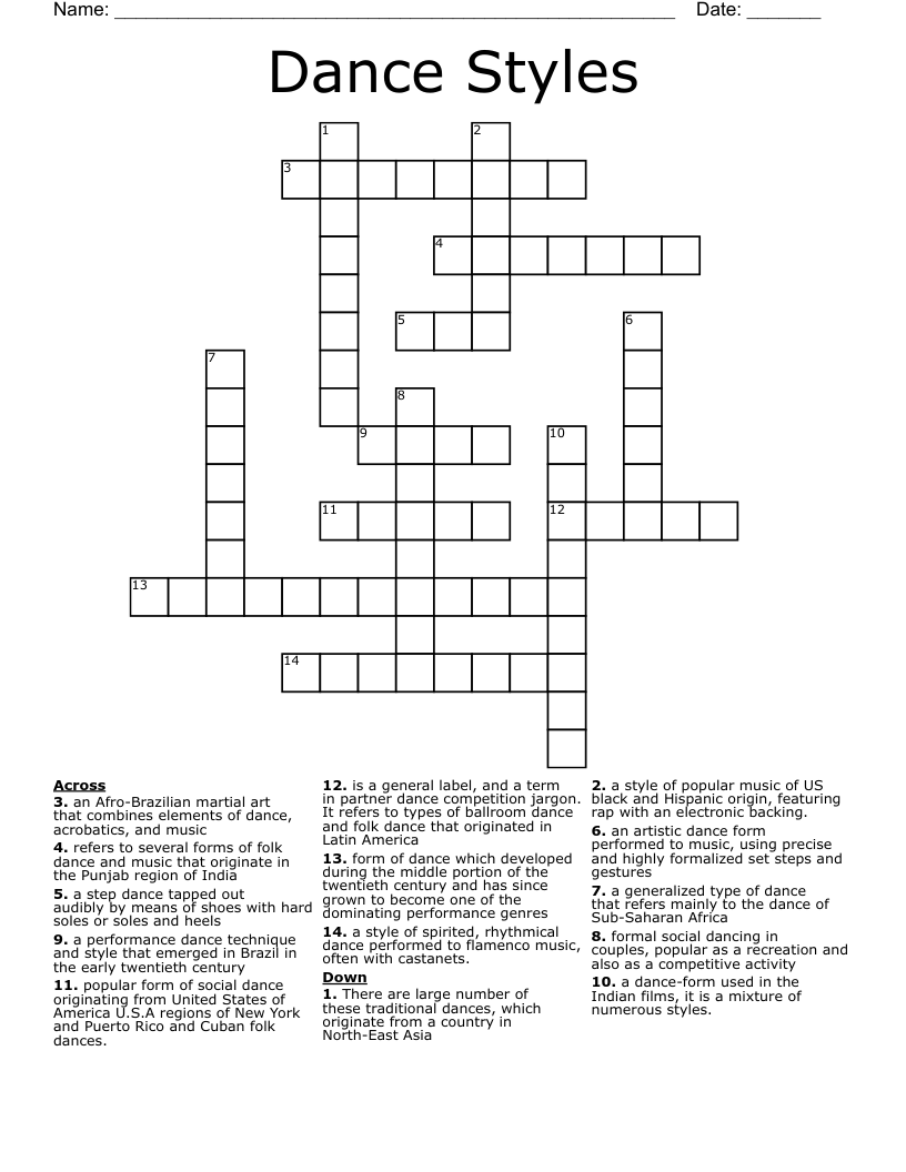 Dance Styles Crossword WordMint