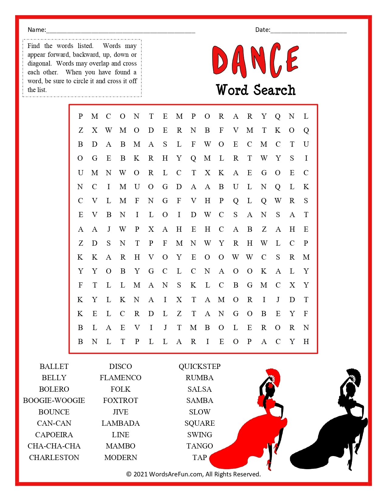 Dance Word Search For Kids Dance Word Search For Kids