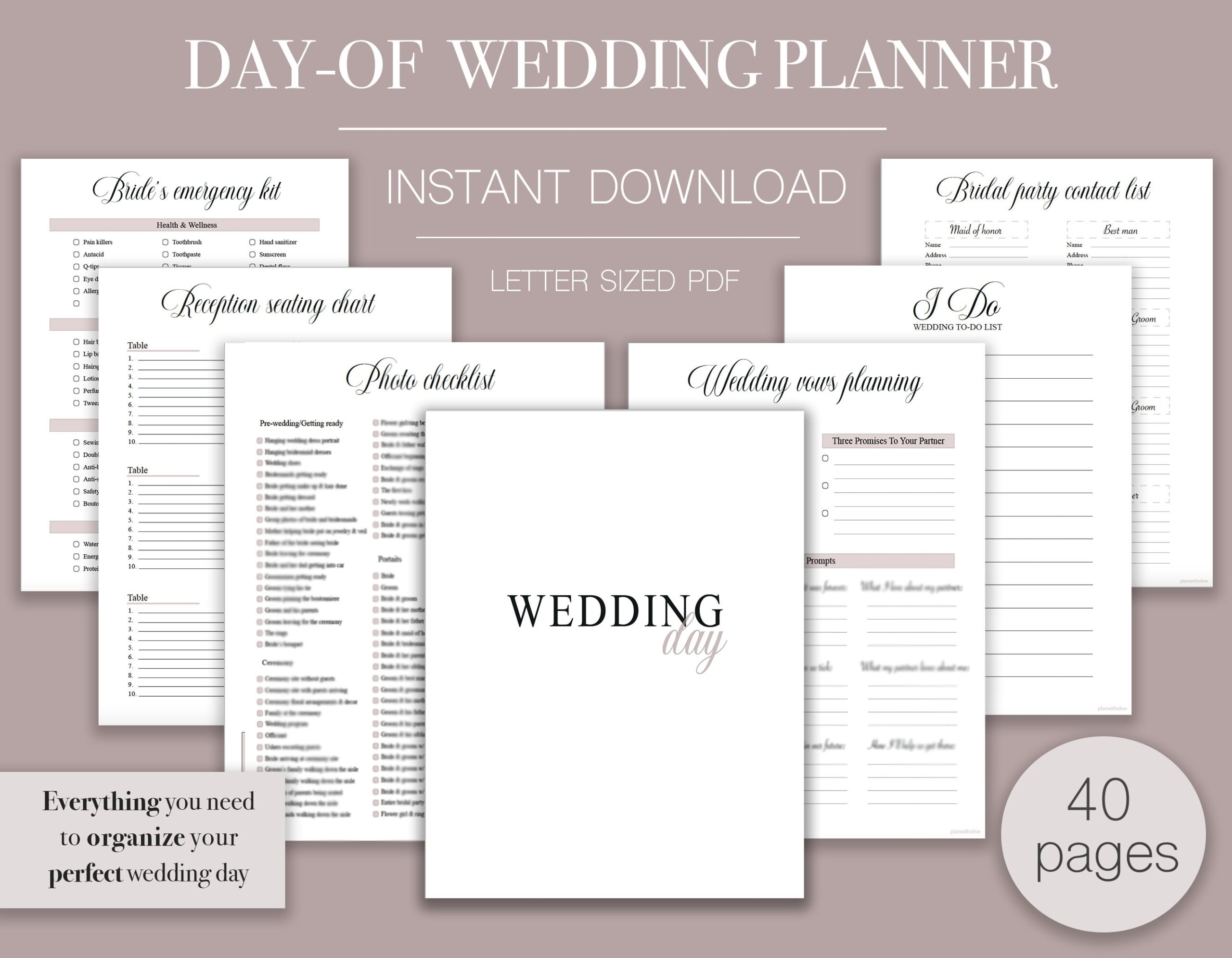 Day of Wedding Planner 40 Page Organizer digital Download Etsy
