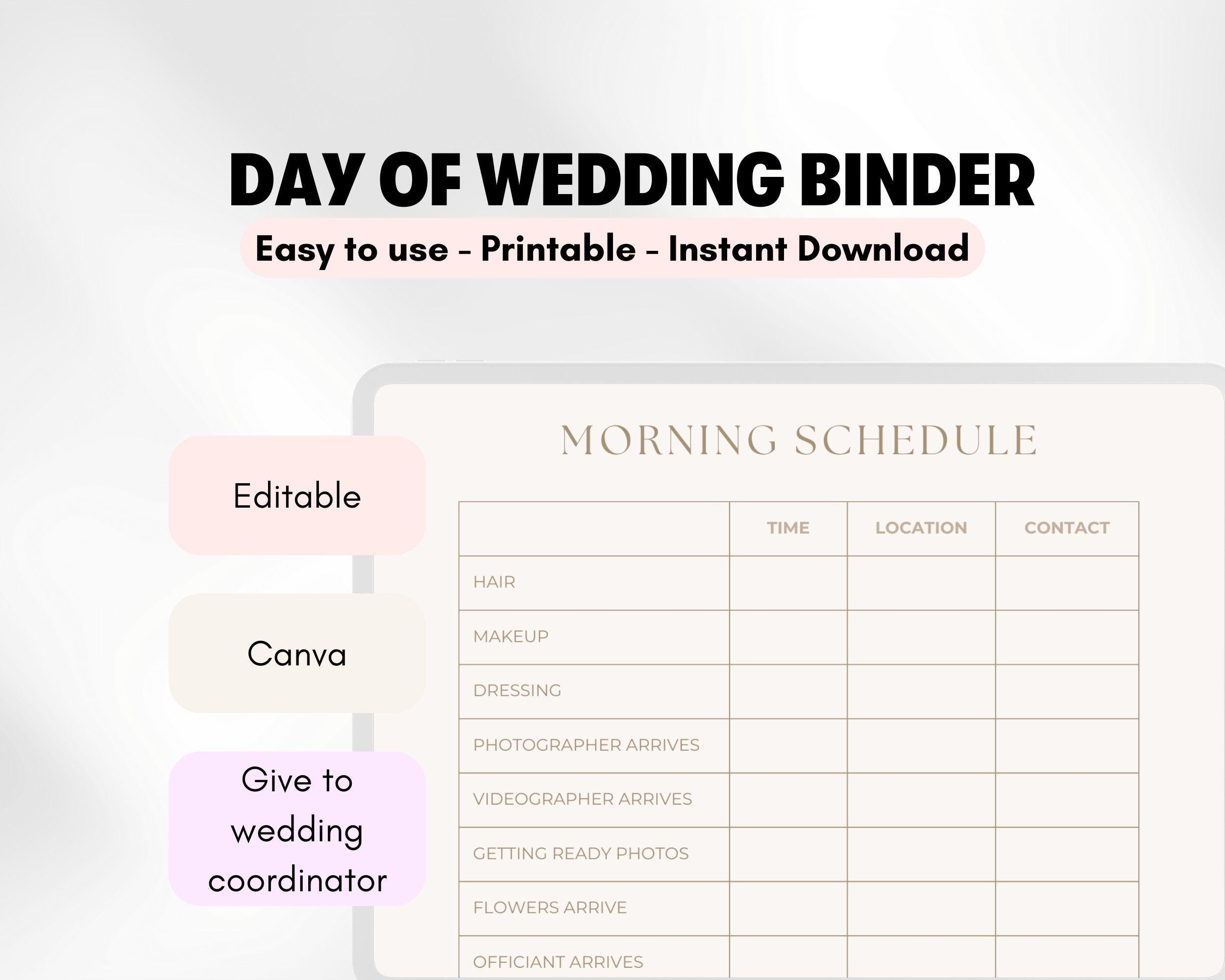 Day Of Wedding Planner Template Wedding Schedule Editable Template Day Of Wedding Event Coordinator Binder Wedding Binder Wedding Itinerary Etsy