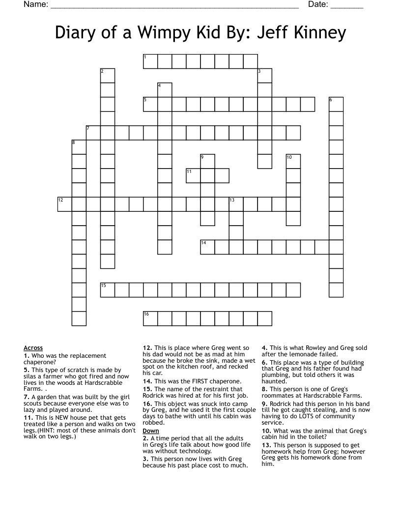Diary Of A Wimpy Kid By Jeff Kinney Crossword WordMint