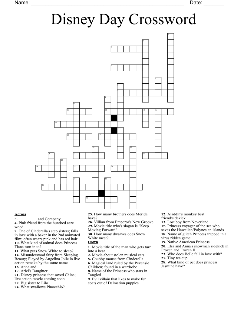 Disney Day Crossword WordMint